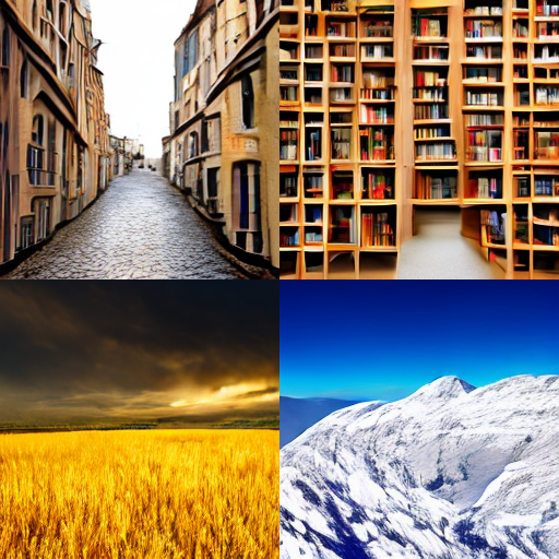 Cobblestone street, library, wheat field, and snowy mountain generated by PixelModel v5