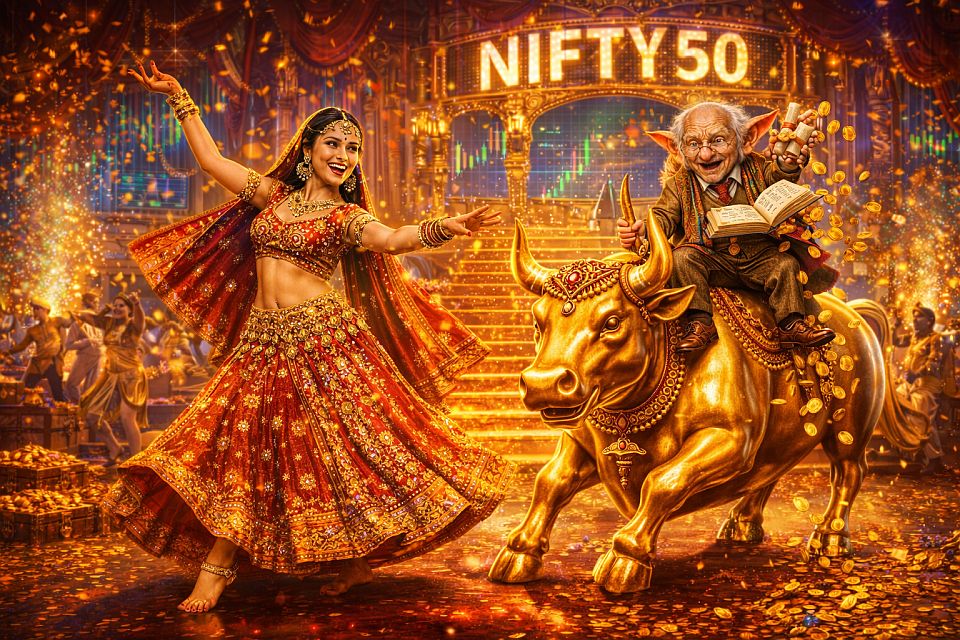 TroveLedger riding a golden bull through a festive scene, next to a dancer in traditional Indian clothing