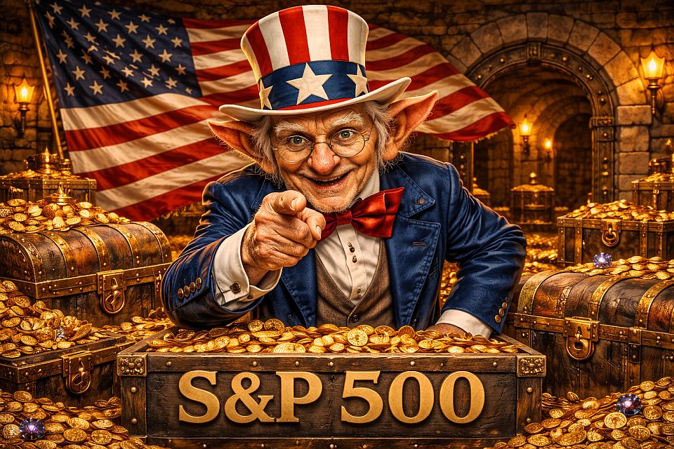 TroveLedger as Uncle Sam proudly presenting the S&P 500 treasure chest