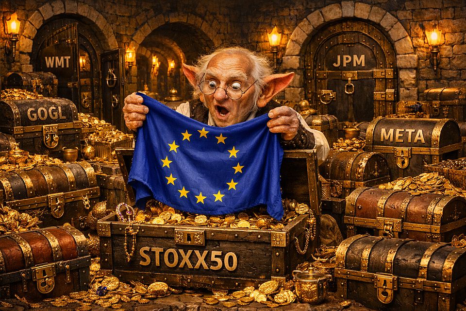 TroveLedger unveiling the EU flag from a treasure chest labeled STOXX50